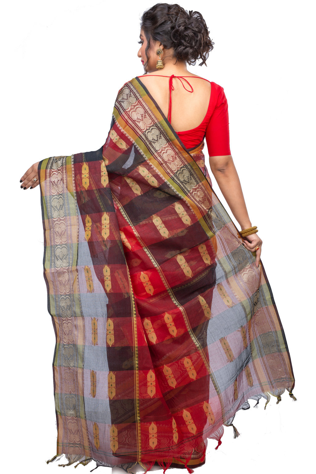 Red Pure Cotton Raj Nandi Desigine Tant Saree (2805)